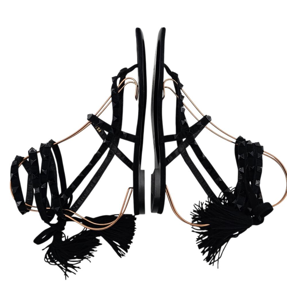 Valentino Garavani Rockstud Gladiator Flat Sandal Black Suede Size 37.5 US 7.5 - Picture 7 of 12